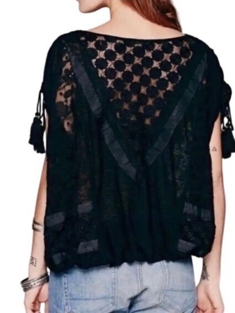 Free People New Romantics south of the Equator Semi Sheer Tassle Blouse